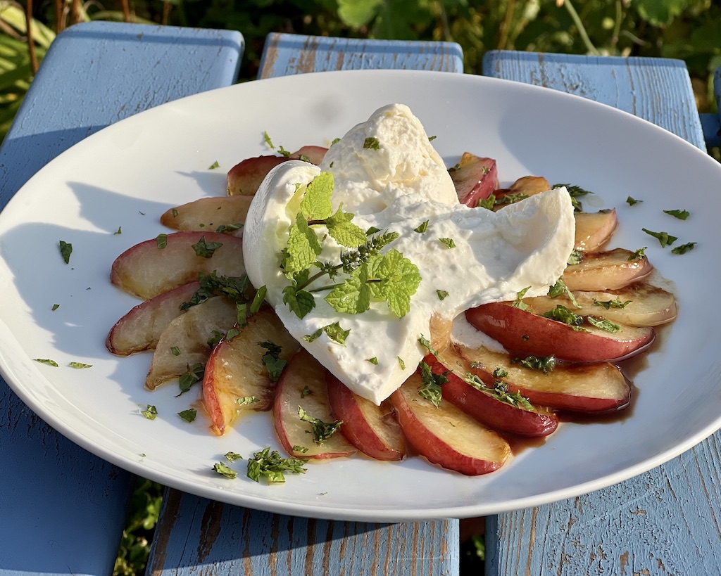 Auf einem hellen Teller liegen kreisförmig angeordnet gebratene Nektarinenspalten auf denen eine aufgeschnittene Kugel Burrata platziert ist. Nektarinen und Burrata sind mit kleingeschnittenen Minzblättchen bestreut und mit Olivenöl und Aceto Balsamico betreufelt.